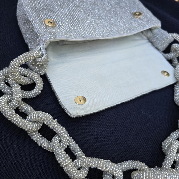 ANTHROPOLOGIE Fiona Chain Edition Evening Bag Beaded Silver Gala Wedding - Picture 9 of 14